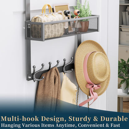 Over The Door Hooks Organizer - 3 Tier Door Hanger with 9 Coat Hooks & 2 Mesh Basket, Back Storage Organizer Hanging Towels for Bathroom, Bedroom, Black