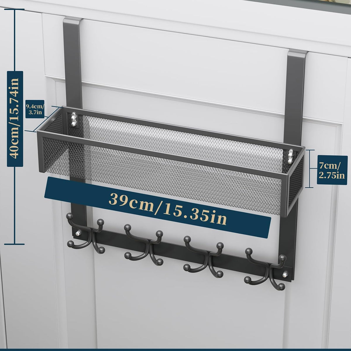 Over The Door Hooks Organizer - 3 Tier Door Hanger with 9 Coat Hooks & 2 Mesh Basket, Back Storage Organizer Hanging Towels for Bathroom, Bedroom, Black