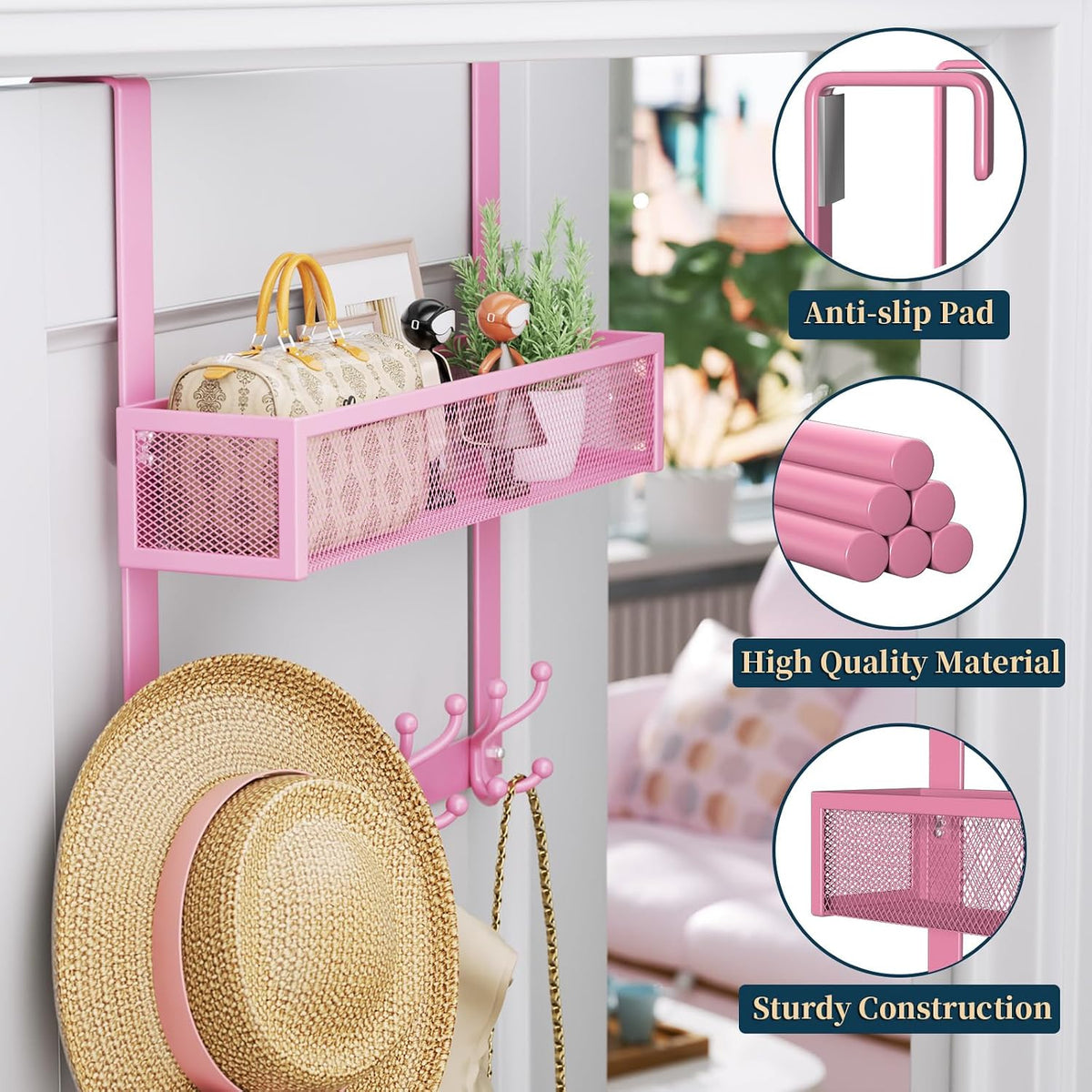 Over The Door Hooks Organizer - 3 Tier Door Hanger with 9 Coat Hooks & 2 Mesh Basket, Back Storage Organizer Hanging Towels for Bathroom, Bedroom, Black