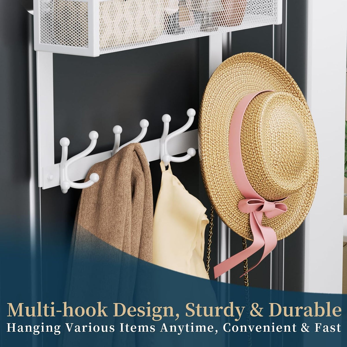 Over The Door Hooks Organizer - 3 Tier Door Hanger with 9 Coat Hooks & 2 Mesh Basket, Back Storage Organizer Hanging Towels for Bathroom, Bedroom, Black