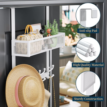 Over The Door Hooks Organizer - 3 Tier Door Hanger with 9 Coat Hooks & 2 Mesh Basket, Back Storage Organizer Hanging Towels for Bathroom, Bedroom, Black
