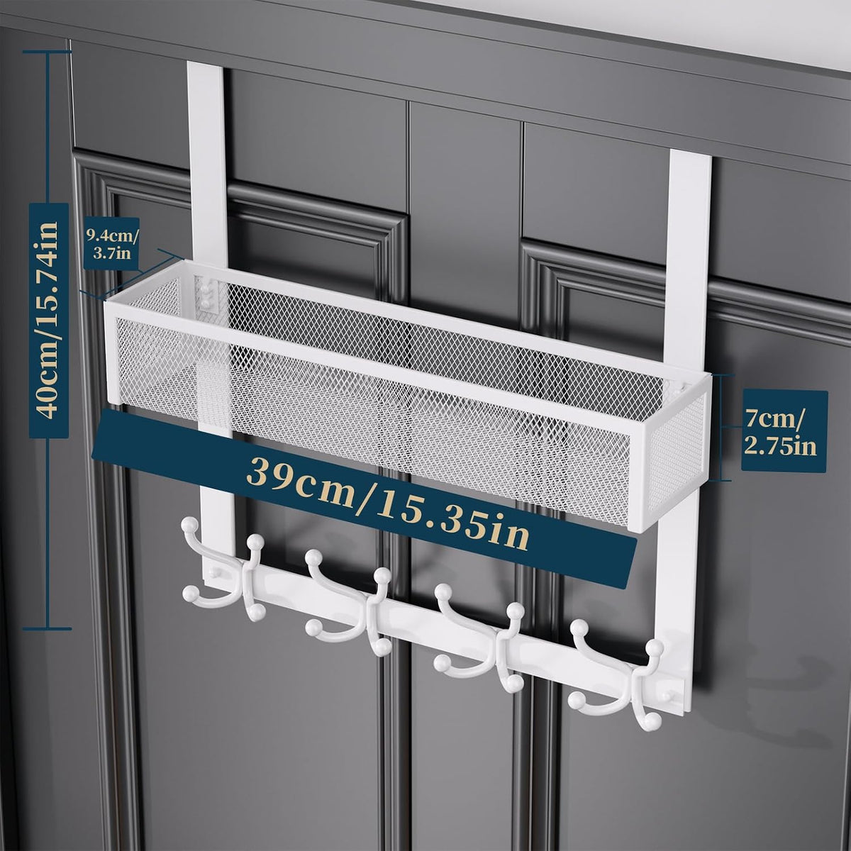 Over The Door Hooks Organizer - 3 Tier Door Hanger with 9 Coat Hooks & 2 Mesh Basket, Back Storage Organizer Hanging Towels for Bathroom, Bedroom, Black