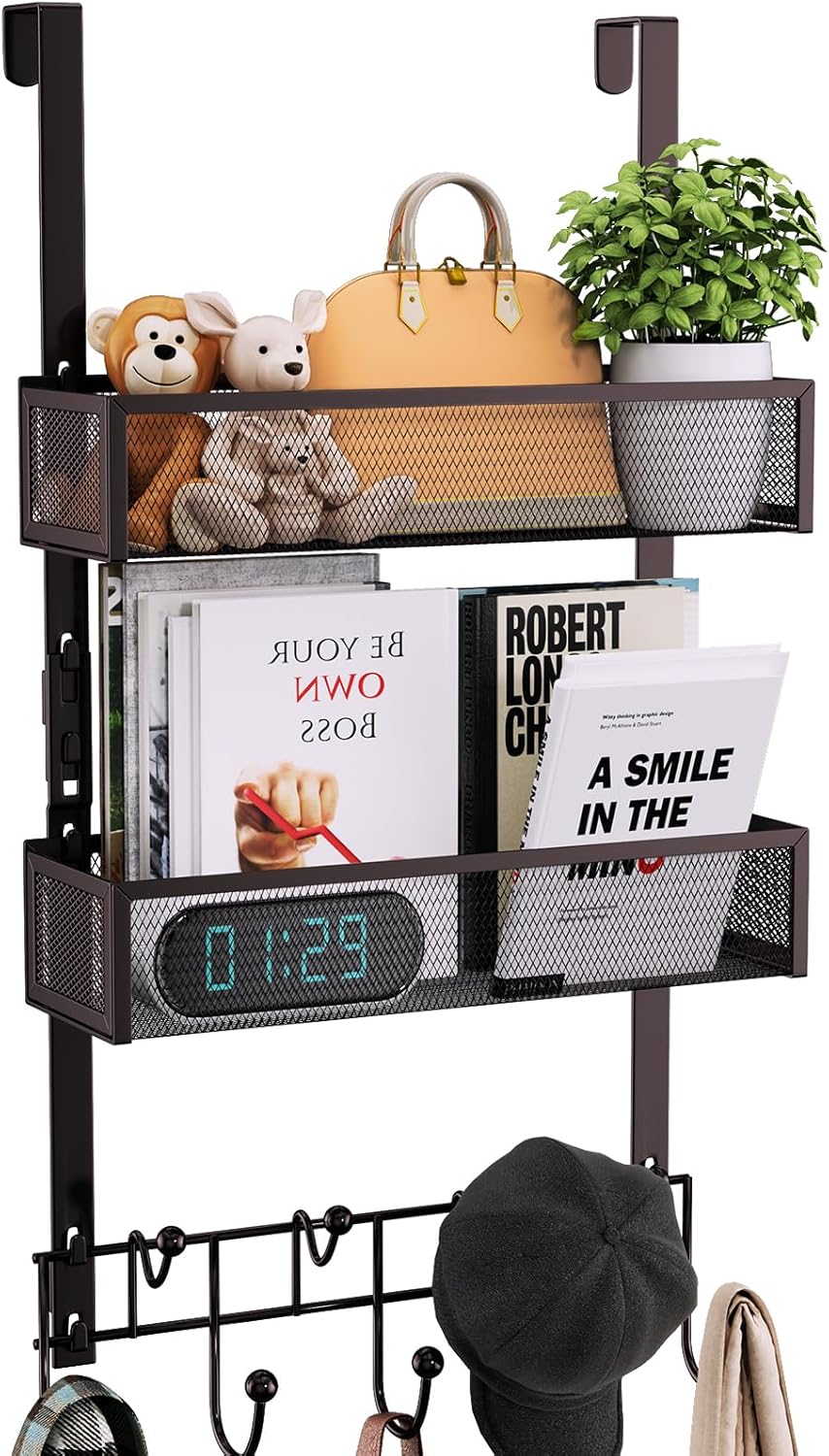 Over The Door Hooks Organizer - 3 Tier Door Hanger with 9 Coat Hooks & 2 Mesh Basket, Back Storage Organizer Hanging Towels for Bathroom, Bedroom, Black