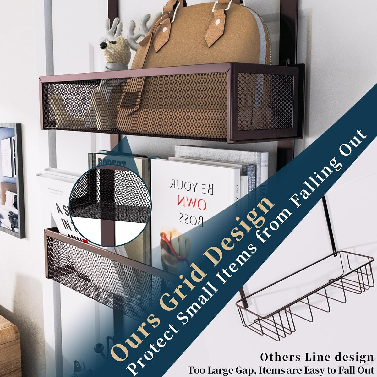 Over The Door Hooks Organizer - 3 Tier Door Hanger with 9 Coat Hooks & 2 Mesh Basket, Back Storage Organizer Hanging Towels for Bathroom, Bedroom, Black