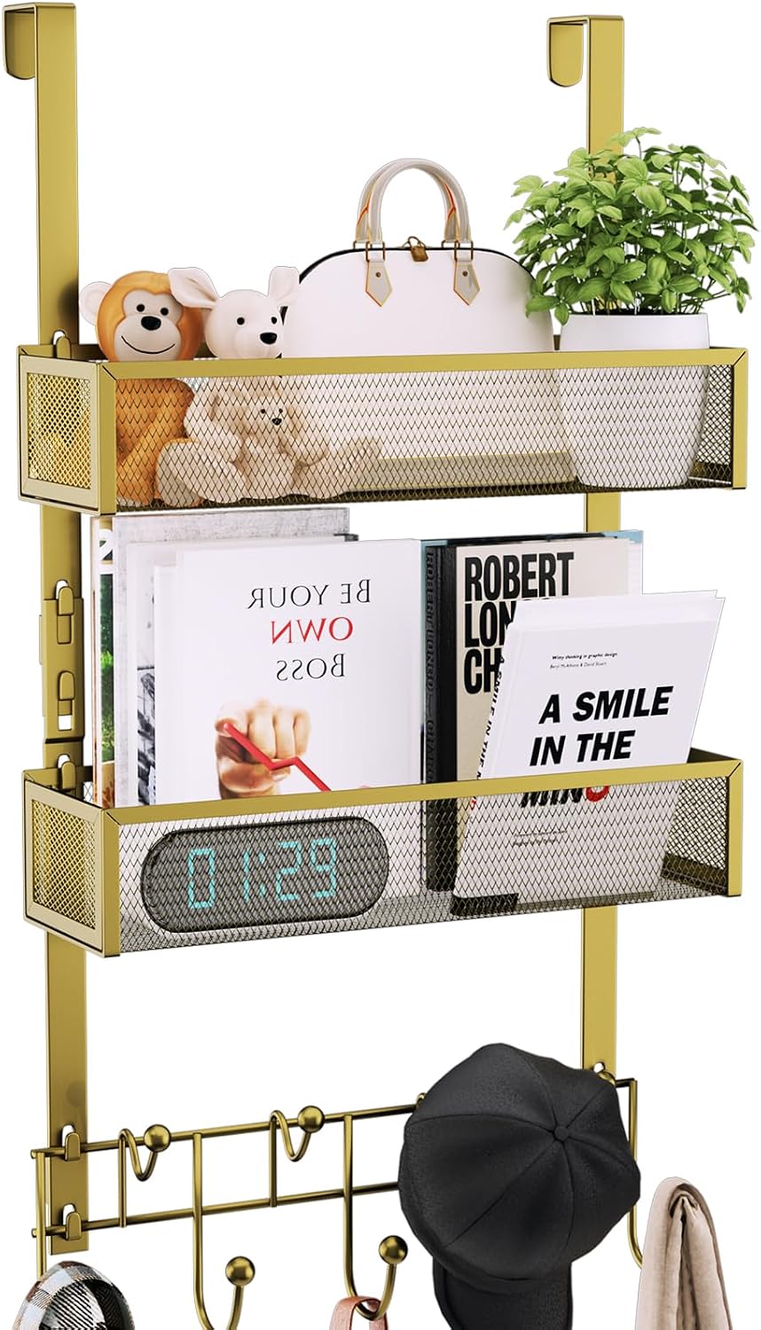 Over The Door Hooks Organizer - 3 Tier Door Hanger with 9 Coat Hooks & 2 Mesh Basket, Back Storage Organizer Hanging Towels for Bathroom, Bedroom, Black
