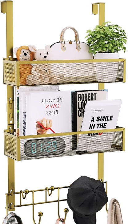 Over The Door Hooks Organizer - 3 Tier Door Hanger with 9 Coat Hooks & 2 Mesh Basket, Back Storage Organizer Hanging Towels for Bathroom, Bedroom, Black