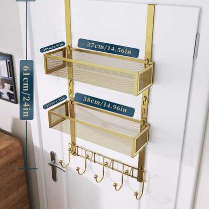 Over The Door Hooks Organizer - 3 Tier Door Hanger with 9 Coat Hooks & 2 Mesh Basket, Back Storage Organizer Hanging Towels for Bathroom, Bedroom, Black