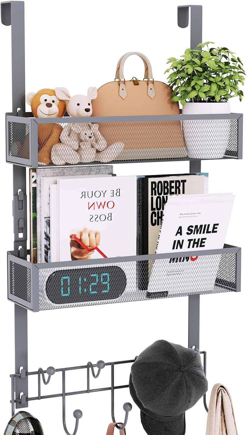 Over The Door Hooks Organizer - 3 Tier Door Hanger with 9 Coat Hooks & 2 Mesh Basket, Back Storage Organizer Hanging Towels for Bathroom, Bedroom, Black