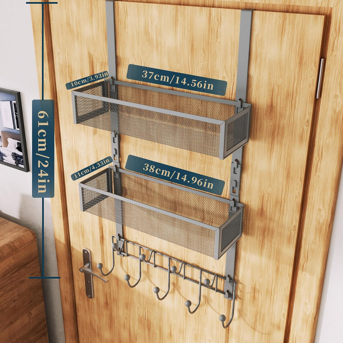 Over The Door Hooks Organizer - 3 Tier Door Hanger with 9 Coat Hooks & 2 Mesh Basket, Back Storage Organizer Hanging Towels for Bathroom, Bedroom, Black