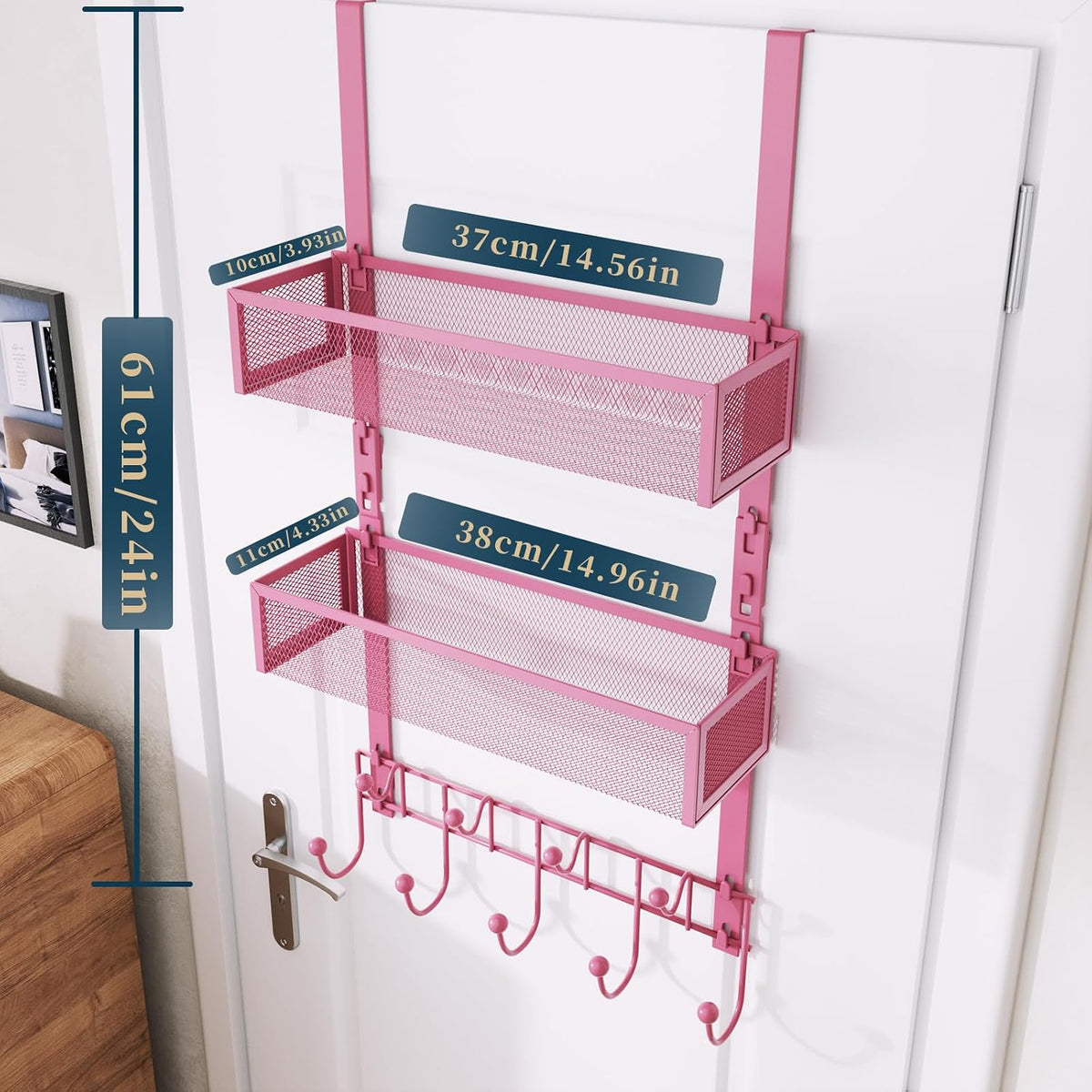 Over The Door Hooks Organizer - 3 Tier Door Hanger with 9 Coat Hooks & 2 Mesh Basket, Back Storage Organizer Hanging Towels for Bathroom, Bedroom, Black