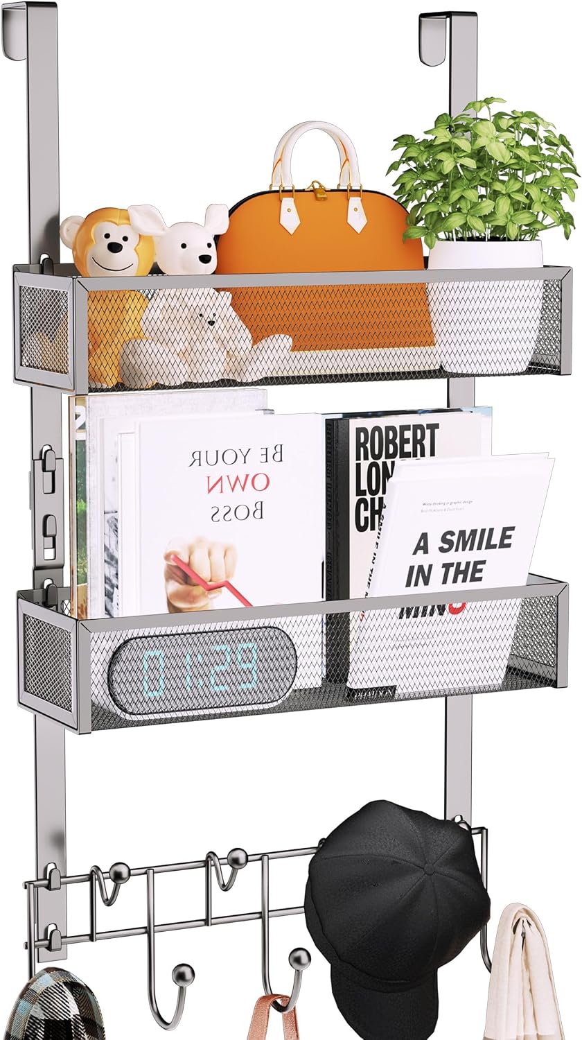 Over The Door Hooks Organizer - 3 Tier Door Hanger with 9 Coat Hooks & 2 Mesh Basket, Back Storage Organizer Hanging Towels for Bathroom, Bedroom, Black