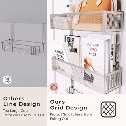 Over The Door Hooks Organizer - 3 Tier Door Hanger with 9 Coat Hooks & 2 Mesh Basket, Back Storage Organizer Hanging Towels for Bathroom, Bedroom, Black