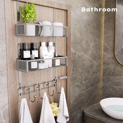 Over The Door Hooks Organizer - 3 Tier Door Hanger with 9 Coat Hooks & 2 Mesh Basket, Back Storage Organizer Hanging Towels for Bathroom, Bedroom, Black