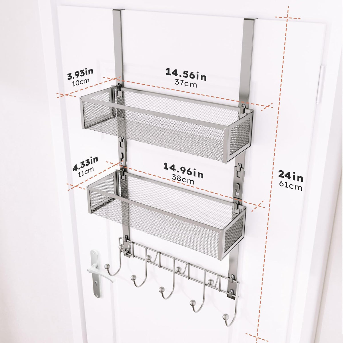 Over The Door Hooks Organizer - 3 Tier Door Hanger with 9 Coat Hooks & 2 Mesh Basket, Back Storage Organizer Hanging Towels for Bathroom, Bedroom, Black
