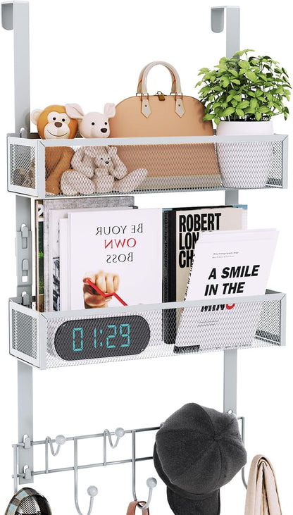 Over The Door Hooks Organizer - 3 Tier Door Hanger with 9 Coat Hooks & 2 Mesh Basket, Back Storage Organizer Hanging Towels for Bathroom, Bedroom, Black