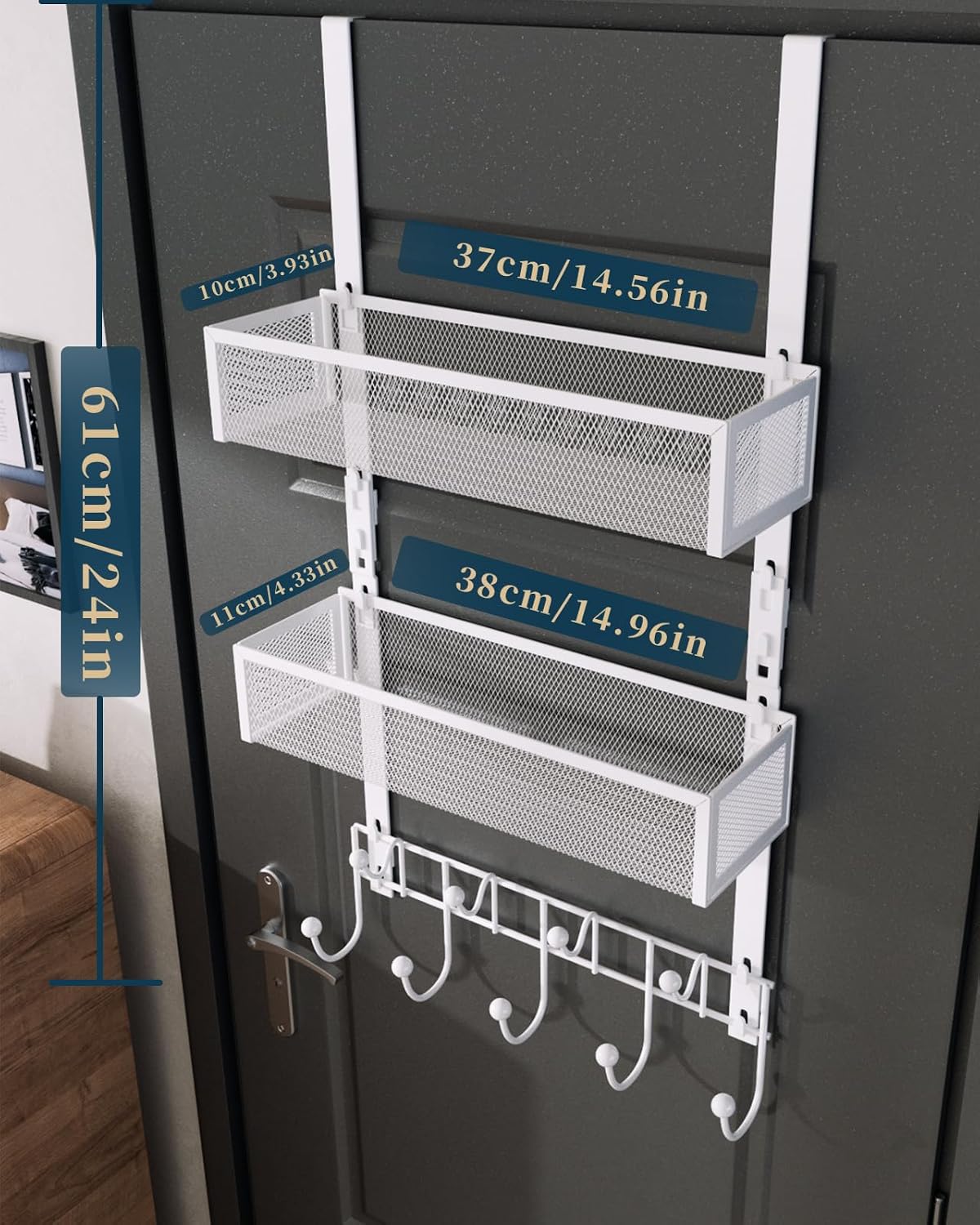 Over The Door Hooks Organizer - 3 Tier Door Hanger with 9 Coat Hooks & 2 Mesh Basket, Back Storage Organizer Hanging Towels for Bathroom, Bedroom, Black