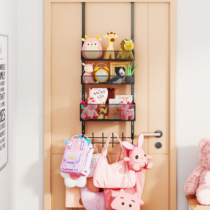 Over The Door Hooks Organizer - 3 Tier Door Hanger with 9 Coat Hooks & 2 Mesh Basket, Back Storage Organizer Hanging Towels for Bathroom, Bedroom, Black