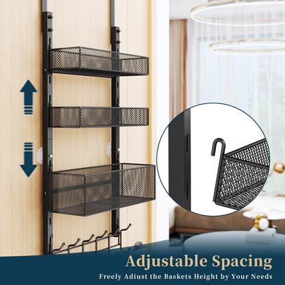 Over The Door Hooks Organizer - 3 Tier Door Hanger with 9 Coat Hooks & 2 Mesh Basket, Back Storage Organizer Hanging Towels for Bathroom, Bedroom, Black