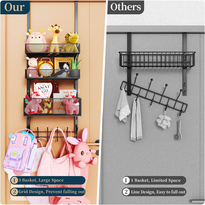 Over The Door Hooks Organizer - 3 Tier Door Hanger with 9 Coat Hooks & 2 Mesh Basket, Back Storage Organizer Hanging Towels for Bathroom, Bedroom, Black