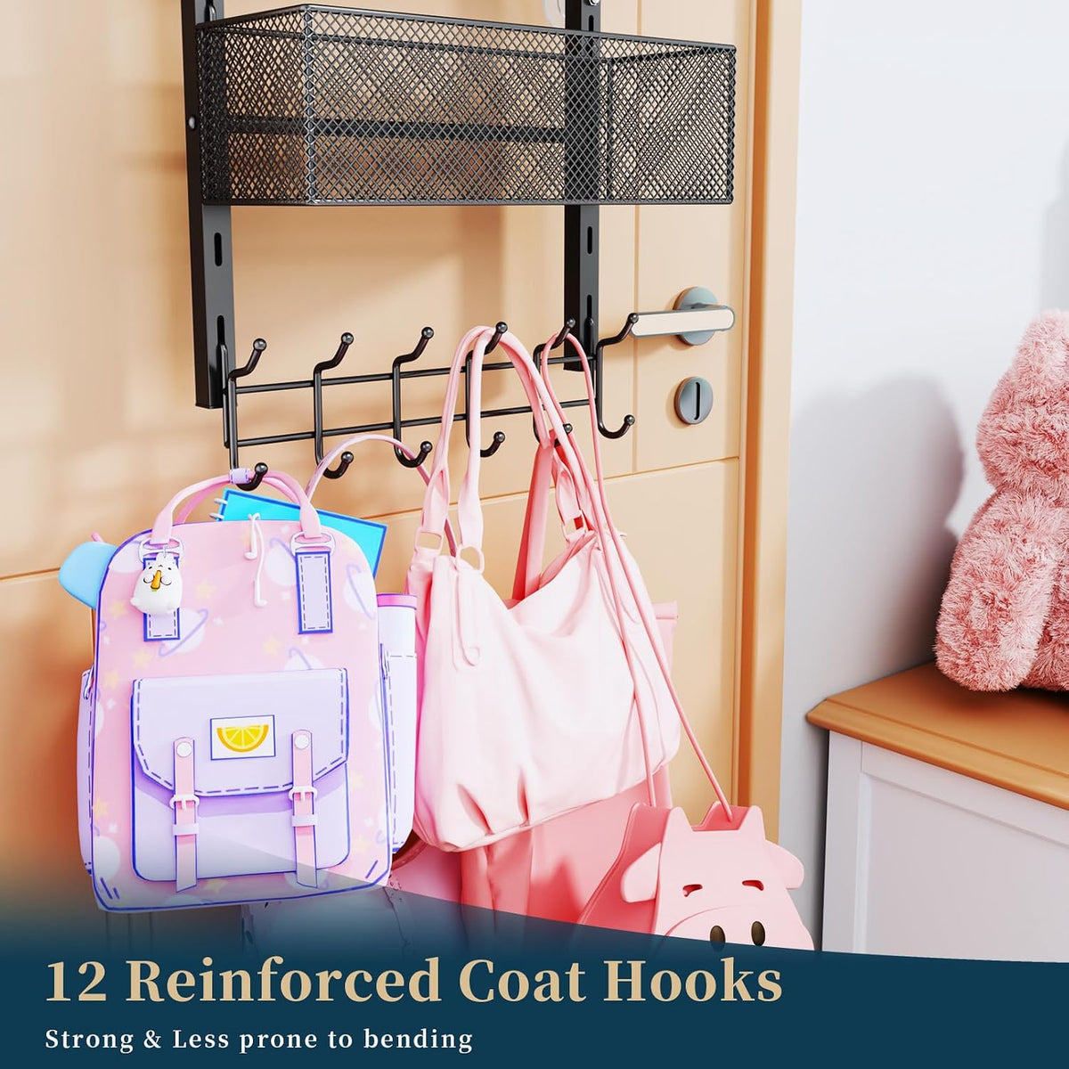Over The Door Hooks Organizer - 3 Tier Door Hanger with 9 Coat Hooks & 2 Mesh Basket, Back Storage Organizer Hanging Towels for Bathroom, Bedroom, Black