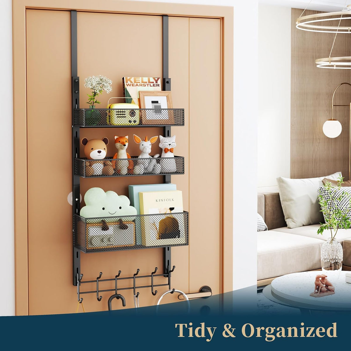 Over The Door Hooks Organizer - 3 Tier Door Hanger with 9 Coat Hooks & 2 Mesh Basket, Back Storage Organizer Hanging Towels for Bathroom, Bedroom, Black