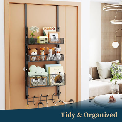 Over The Door Hooks Organizer - 3 Tier Door Hanger with 9 Coat Hooks & 2 Mesh Basket, Back Storage Organizer Hanging Towels for Bathroom, Bedroom, Black