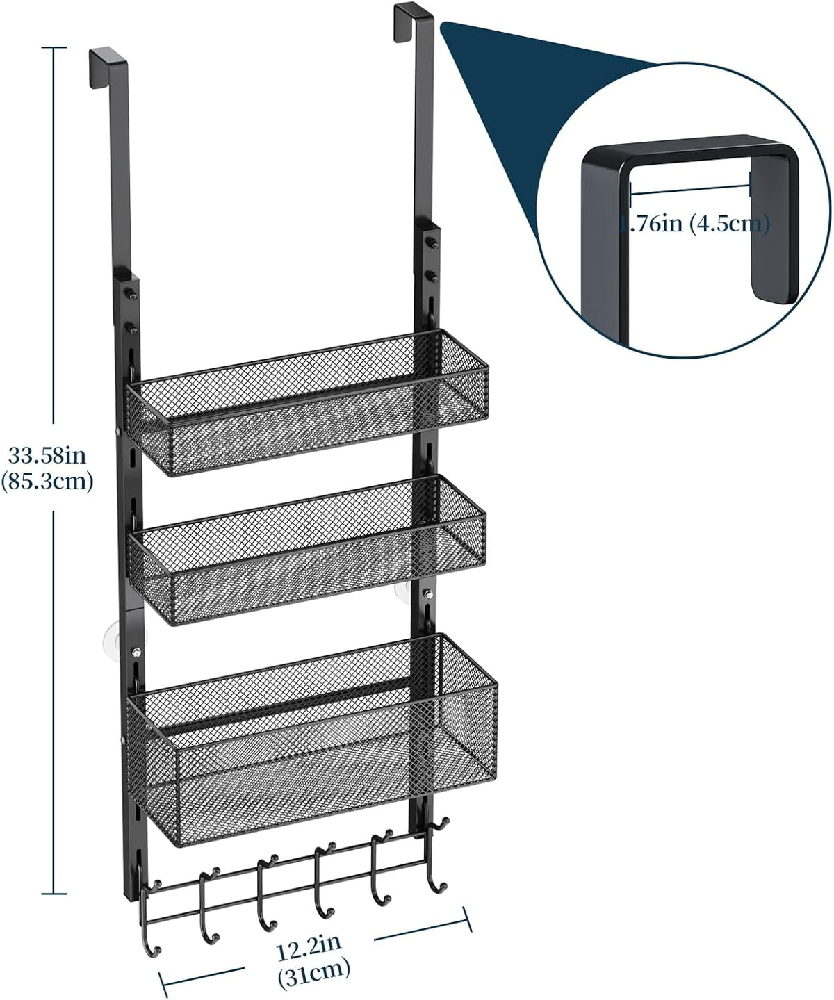 Over The Door Hooks Organizer - 3 Tier Door Hanger with 9 Coat Hooks & 2 Mesh Basket, Back Storage Organizer Hanging Towels for Bathroom, Bedroom, Black