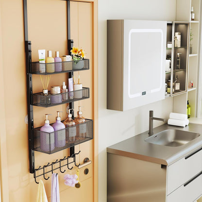 Over The Door Hooks Organizer - 3 Tier Door Hanger with 9 Coat Hooks & 2 Mesh Basket, Back Storage Organizer Hanging Towels for Bathroom, Bedroom, Black