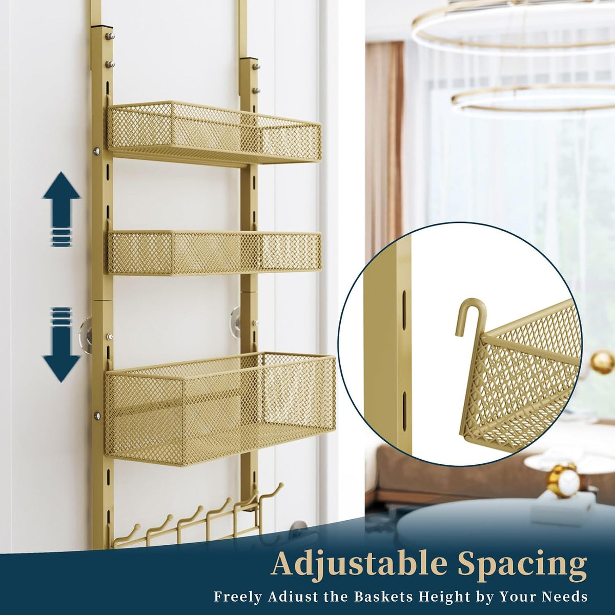 Over The Door Hooks Organizer - 3 Tier Door Hanger with 9 Coat Hooks & 2 Mesh Basket, Back Storage Organizer Hanging Towels for Bathroom, Bedroom, Black