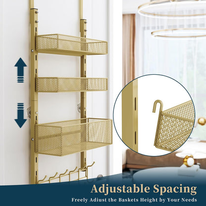 Over The Door Hooks Organizer - 3 Tier Door Hanger with 9 Coat Hooks & 2 Mesh Basket, Back Storage Organizer Hanging Towels for Bathroom, Bedroom, Black