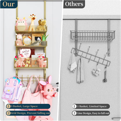 Over The Door Hooks Organizer - 3 Tier Door Hanger with 9 Coat Hooks & 2 Mesh Basket, Back Storage Organizer Hanging Towels for Bathroom, Bedroom, Black
