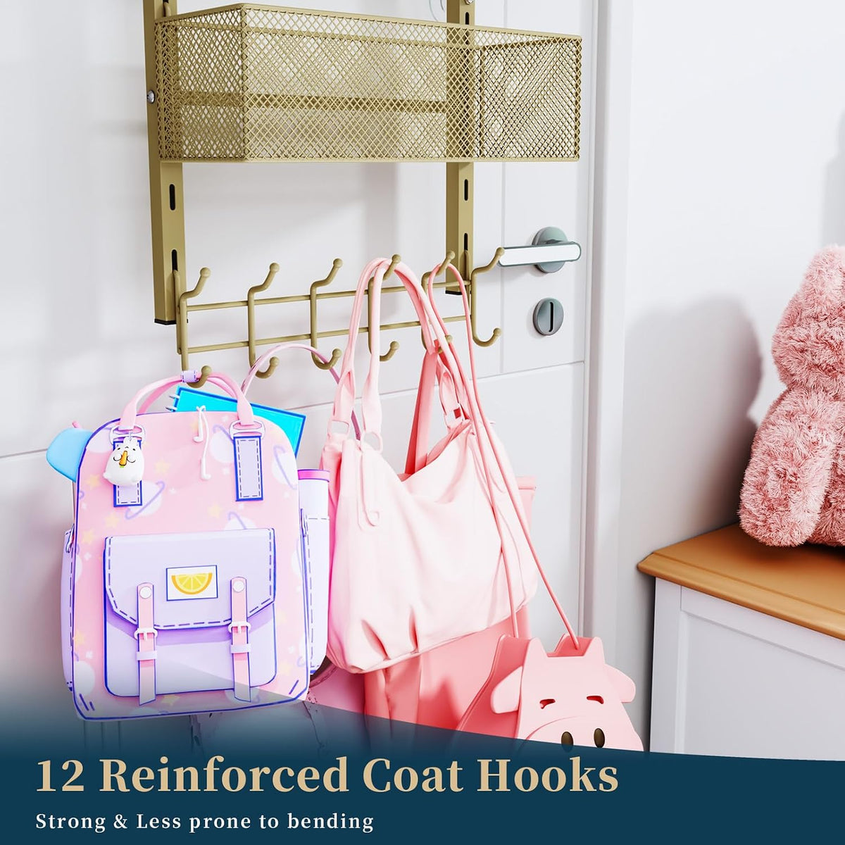 Over The Door Hooks Organizer - 3 Tier Door Hanger with 9 Coat Hooks & 2 Mesh Basket, Back Storage Organizer Hanging Towels for Bathroom, Bedroom, Black