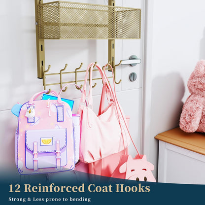 Over The Door Hooks Organizer - 3 Tier Door Hanger with 9 Coat Hooks & 2 Mesh Basket, Back Storage Organizer Hanging Towels for Bathroom, Bedroom, Black