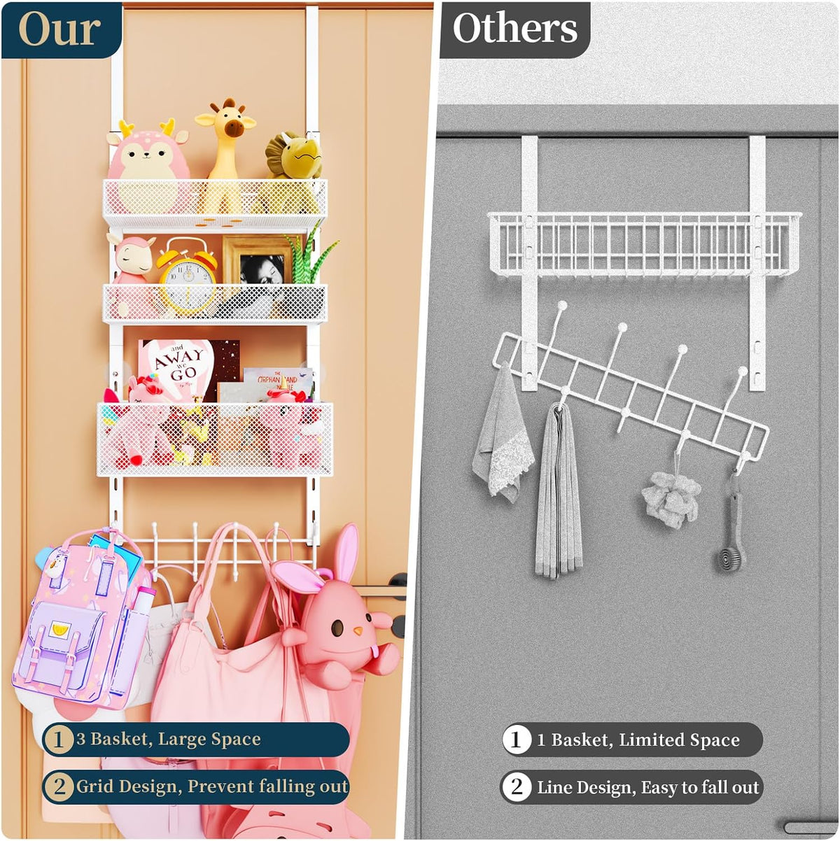 Over The Door Hooks Organizer - 3 Tier Door Hanger with 9 Coat Hooks & 2 Mesh Basket, Back Storage Organizer Hanging Towels for Bathroom, Bedroom, Black