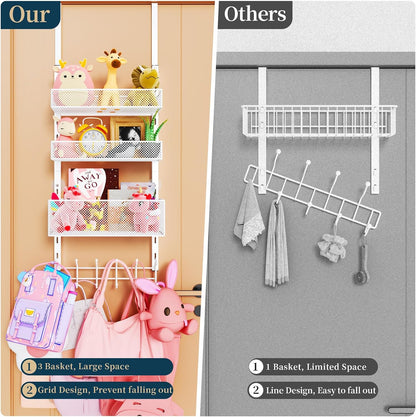 Over The Door Hooks Organizer - 3 Tier Door Hanger with 9 Coat Hooks & 2 Mesh Basket, Back Storage Organizer Hanging Towels for Bathroom, Bedroom, Black