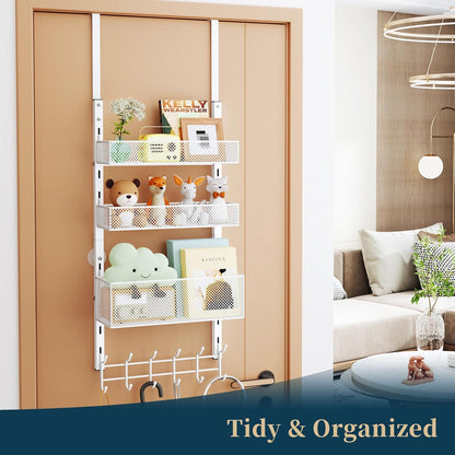Over The Door Hooks Organizer - 3 Tier Door Hanger with 9 Coat Hooks & 2 Mesh Basket, Back Storage Organizer Hanging Towels for Bathroom, Bedroom, Black
