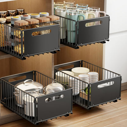 2 Pack Pull Out Cabinet Organizer, Slide Out Drawers for Cabinets, Peel and Stick, Heavy Duty Shelves for Kitchen, Cupboard, Pantry, Bathroom (16.5"D*11.8"W*3.94"H-Black)