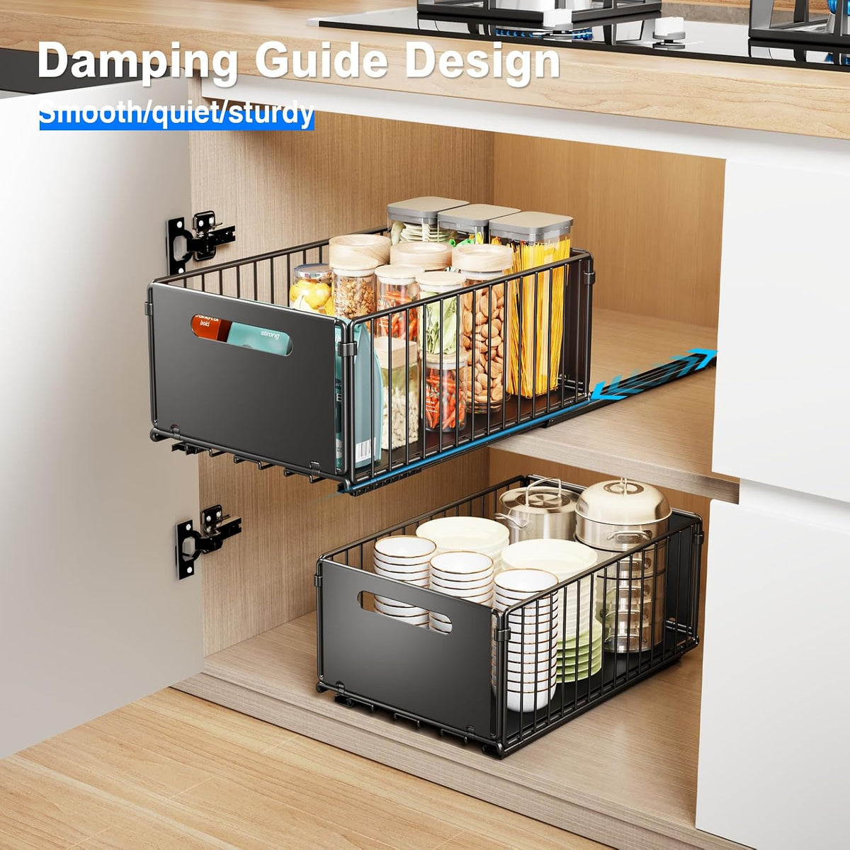 2 Pack Pull Out Cabinet Organizer, Slide Out Drawers for Cabinets, Peel and Stick, Heavy Duty Shelves for Kitchen, Cupboard, Pantry, Bathroom (16.5"D*11.8"W*3.94"H-Black)