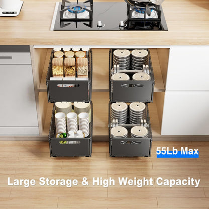 2 Pack Pull Out Cabinet Organizer, Slide Out Drawers for Cabinets, Peel and Stick, Heavy Duty Shelves for Kitchen, Cupboard, Pantry, Bathroom (16.5"D*11.8"W*3.94"H-Black)