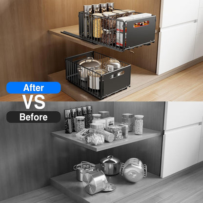 2 Pack Pull Out Cabinet Organizer, Slide Out Drawers for Cabinets, Peel and Stick, Heavy Duty Shelves for Kitchen, Cupboard, Pantry, Bathroom (16.5"D*11.8"W*3.94"H-Black)