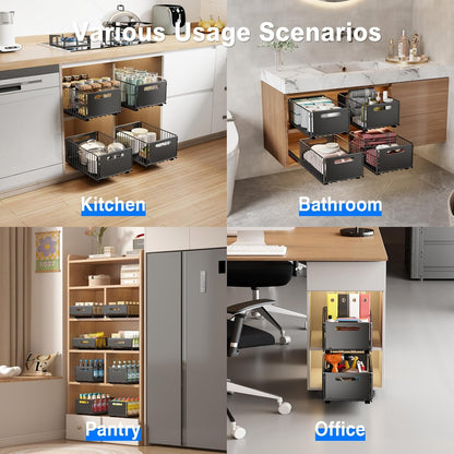 2 Pack Pull Out Cabinet Organizer, Slide Out Drawers for Cabinets, Peel and Stick, Heavy Duty Shelves for Kitchen, Cupboard, Pantry, Bathroom (16.5"D*11.8"W*3.94"H-Black)