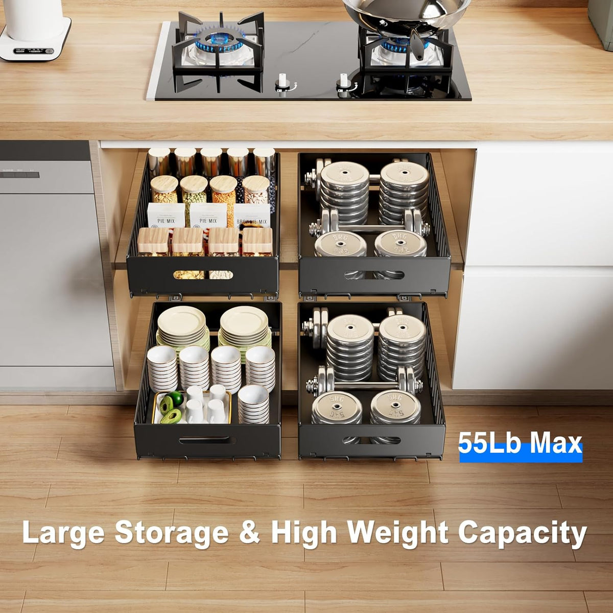 2 Pack Pull Out Cabinet Organizer, Slide Out Drawers for Cabinets, Peel and Stick, Heavy Duty Shelves for Kitchen, Cupboard, Pantry, Bathroom (16.5"D*11.8"W*3.94"H-Black)