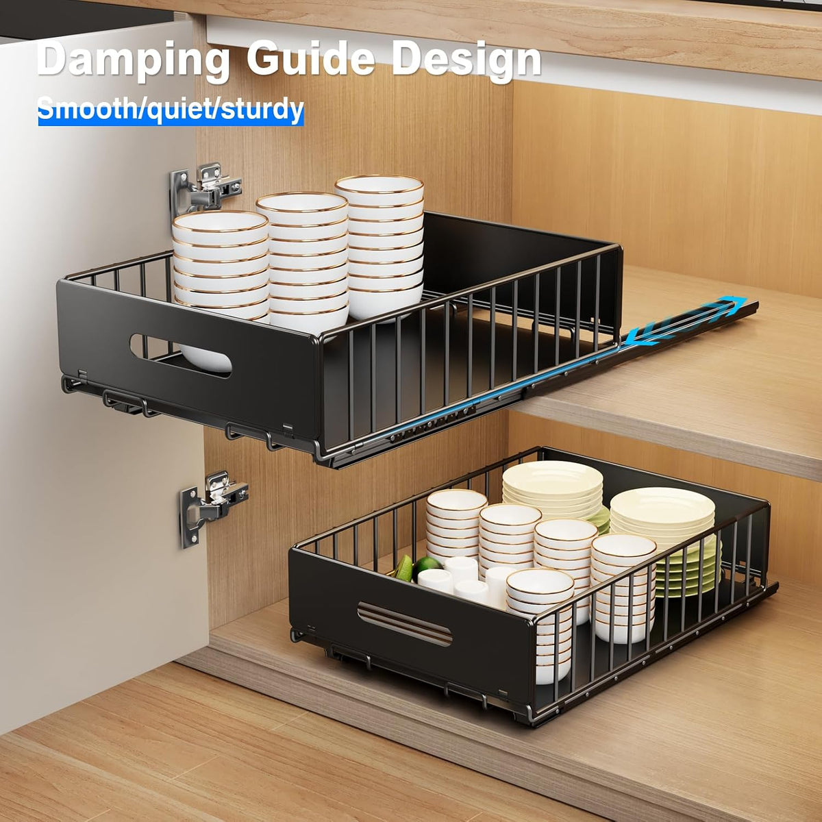 2 Pack Pull Out Cabinet Organizer, Slide Out Drawers for Cabinets, Peel and Stick, Heavy Duty Shelves for Kitchen, Cupboard, Pantry, Bathroom (16.5"D*11.8"W*3.94"H-Black)