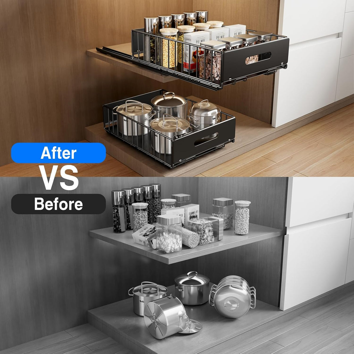 2 Pack Pull Out Cabinet Organizer, Slide Out Drawers for Cabinets, Peel and Stick, Heavy Duty Shelves for Kitchen, Cupboard, Pantry, Bathroom (16.5"D*11.8"W*3.94"H-Black)