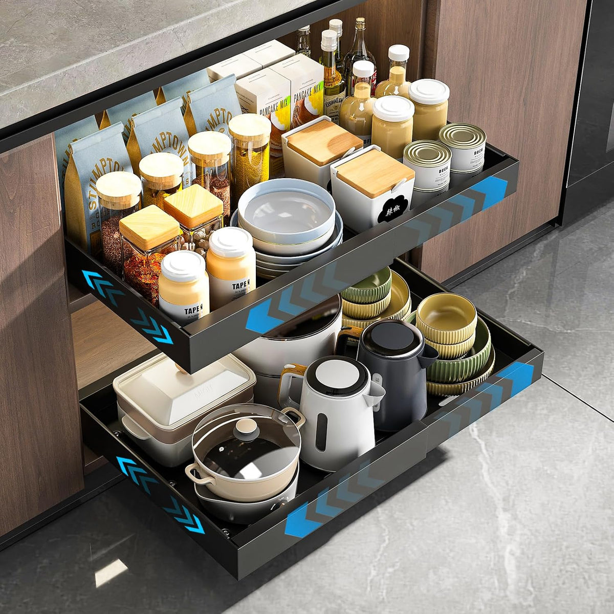 2 Pack Pull Out Cabinet Organizer, Slide Out Drawers for Cabinets, Peel and Stick, Heavy Duty Shelves for Kitchen, Cupboard, Pantry, Bathroom (16.5"D*11.8"W*3.94"H-Black)
