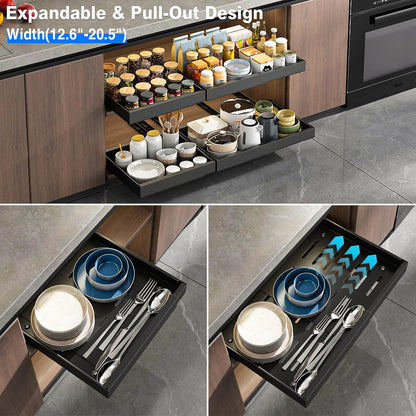 2 Pack Pull Out Cabinet Organizer, Slide Out Drawers for Cabinets, Peel and Stick, Heavy Duty Shelves for Kitchen, Cupboard, Pantry, Bathroom (16.5"D*11.8"W*3.94"H-Black)