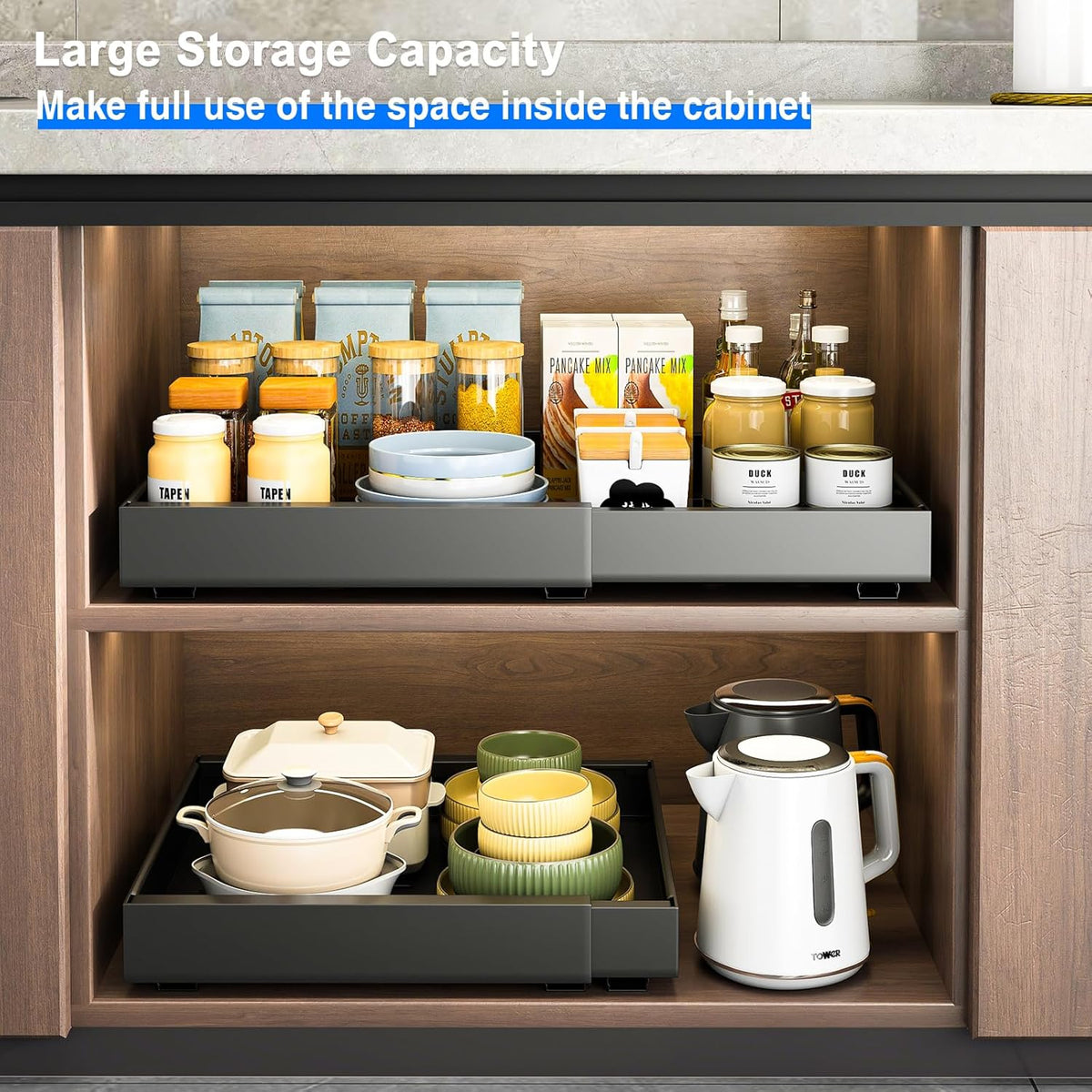 2 Pack Pull Out Cabinet Organizer, Slide Out Drawers for Cabinets, Peel and Stick, Heavy Duty Shelves for Kitchen, Cupboard, Pantry, Bathroom (16.5"D*11.8"W*3.94"H-Black)