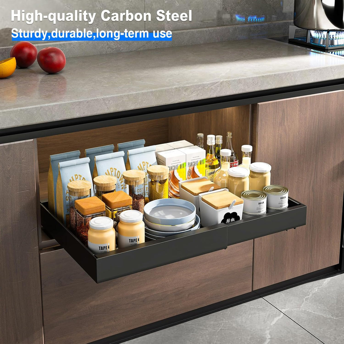 2 Pack Pull Out Cabinet Organizer, Slide Out Drawers for Cabinets, Peel and Stick, Heavy Duty Shelves for Kitchen, Cupboard, Pantry, Bathroom (16.5"D*11.8"W*3.94"H-Black)