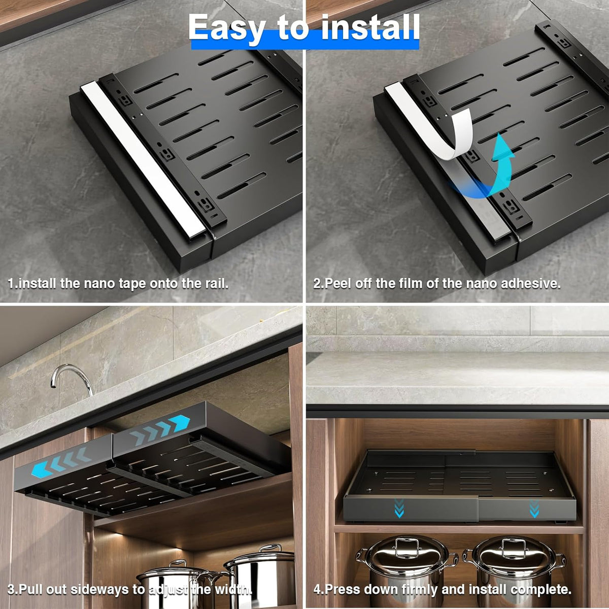 2 Pack Pull Out Cabinet Organizer, Slide Out Drawers for Cabinets, Peel and Stick, Heavy Duty Shelves for Kitchen, Cupboard, Pantry, Bathroom (16.5"D*11.8"W*3.94"H-Black)