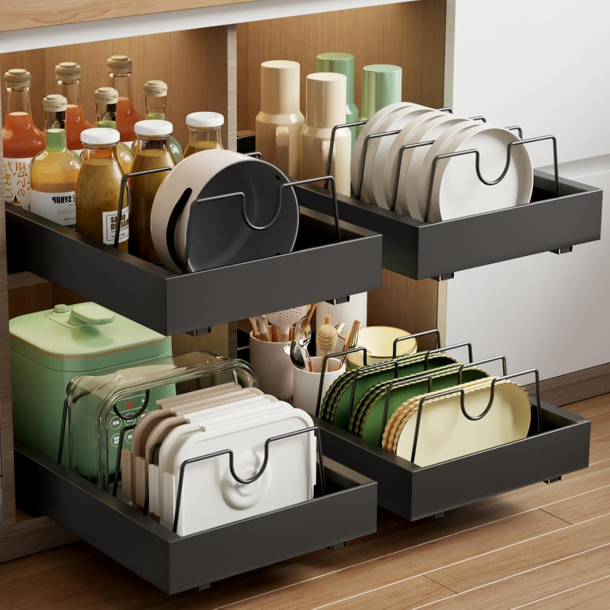 2 Pack Pull Out Cabinet Organizer, Slide Out Drawers for Cabinets, Peel and Stick, Heavy Duty Shelves for Kitchen, Cupboard, Pantry, Bathroom (16.5"D*11.8"W*3.94"H-Black)